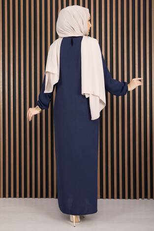 Sare Roba Detaylı Tesettür Elbise Lacivert - Thumbnail