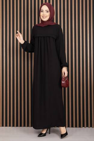 Sare Roba Detaylı Tesettür Elbise Siyah