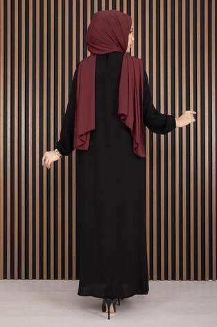 Sare Roba Detaylı Tesettür Elbise Siyah - Thumbnail