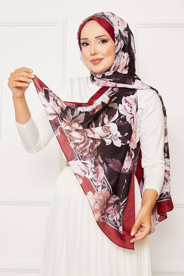 Sarmaşık Çiçek Desen Tesettür Şal Bordo