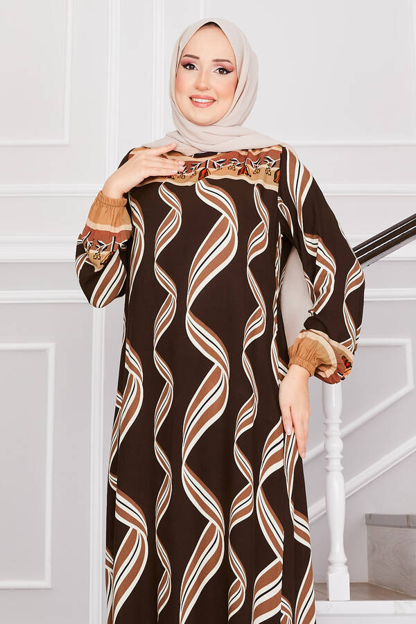 Nz - Sarmaşık Desenli Tesettür Elbise Kahve (1) Nz - Sarmaşık Desenli Tesettür Elbise Kahve (1)