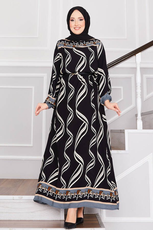 Sarmaşık Desenli Tesettür Elbise Siyah