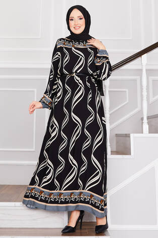 Sarmaşık Desenli Tesettür Elbise Siyah - Thumbnail