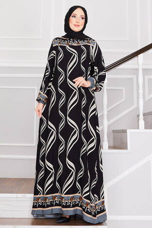Sarmaşık Desenli Tesettür Elbise Siyah - Thumbnail