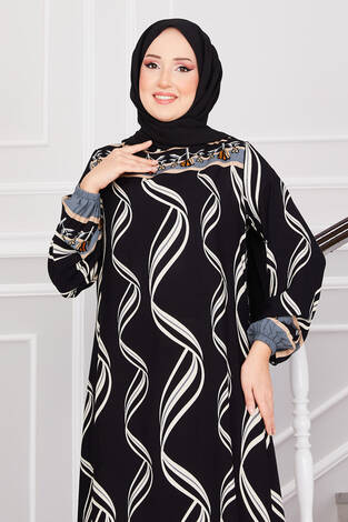 Sarmaşık Desenli Tesettür Elbise Siyah - Thumbnail