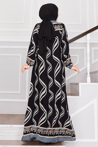 Sarmaşık Desenli Tesettür Elbise Siyah - Thumbnail