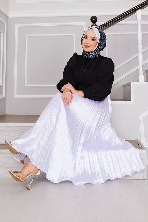 Saten Serpme Taşlı Piliseli Etek Beyaz - 4