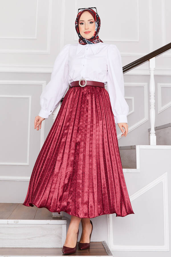 Saten Serpme Taşlı Piliseli Etek Bordo - 3