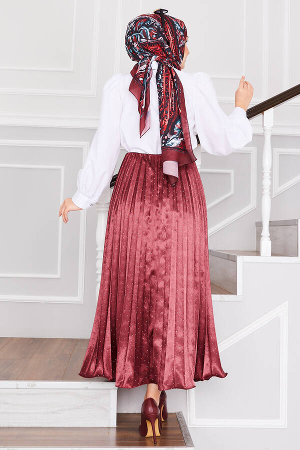 Saten Serpme Taşlı Piliseli Etek Bordo - 6