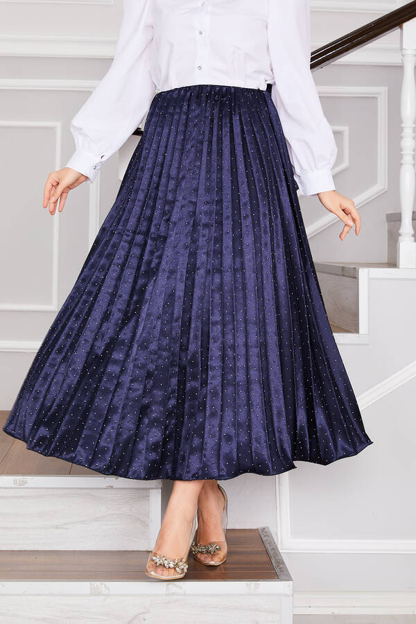 MD - Saten Serpme Taşlı Piliseli Etek Lacivert (1)