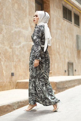 SBH Kemerli Palmiye Elbise 8905-1 Siyah - Thumbnail