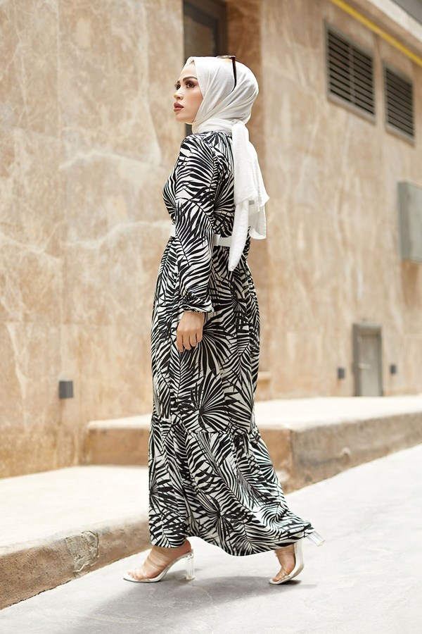 SBH Kemerli Palmiye Elbise 8905-1 Siyah