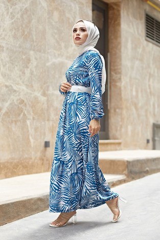 SBH Kemerli Palmiye Elbise 8905-4 İndigo - Thumbnail