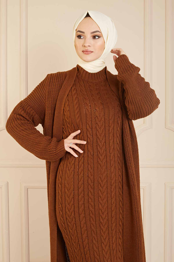 SB - Örgülü Hırkalı Takım 9832 Kahverengi (1)