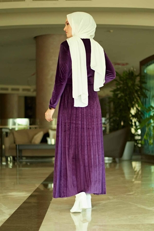 SBH Piliseli Kadife Elbise 8797-6 Mor - Thumbnail