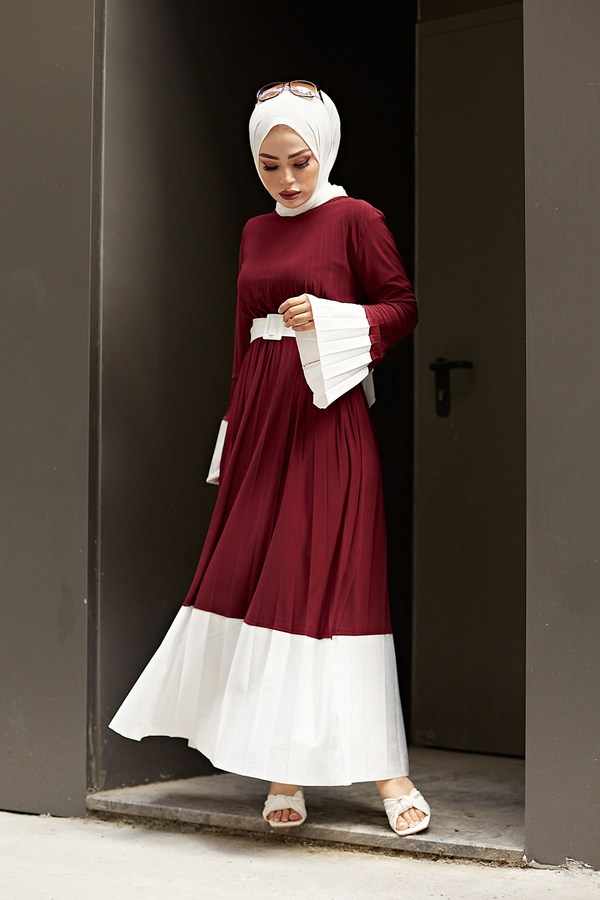 Piliseli Sandy Tesettür Elbise 8994-2 Bordo