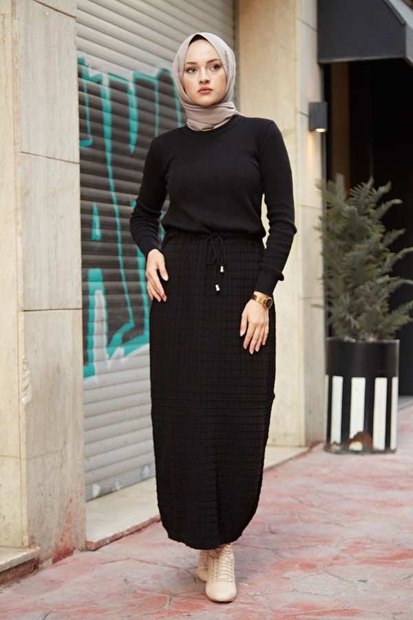  - SBH Triko Bel Büzgülü Elbise 8643-1 Siyah