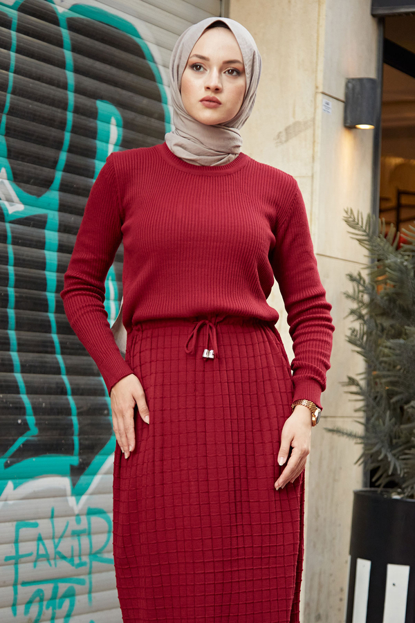  - SBH Triko Bel Büzgülü Elbise 8643-6 Bordo (1)