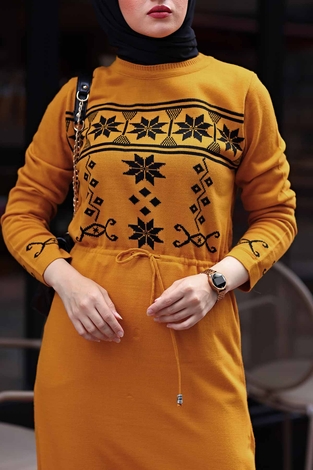 SBH Triko Etnik Desen Elbise 1401-3 Hardal - Thumbnail