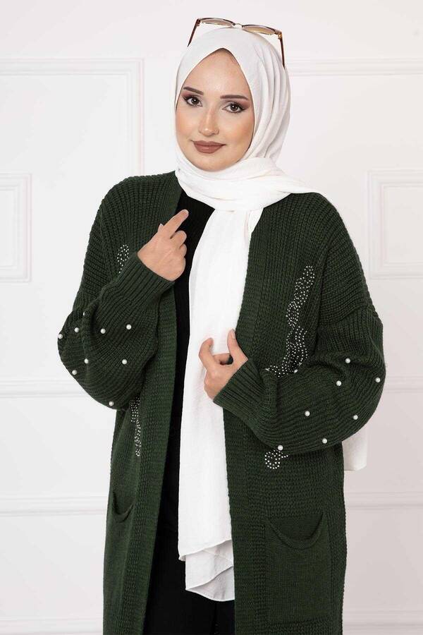 Mo - Selanik Örgü İnci Detaylı Hırka Haki (1)