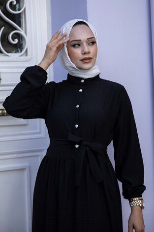 Selin Kuşaklı Tesettür Elbise Siyah - Thumbnail