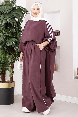 Şerit Detaylı Asimetrik Tunik Pantolon Takım Bordo - 3