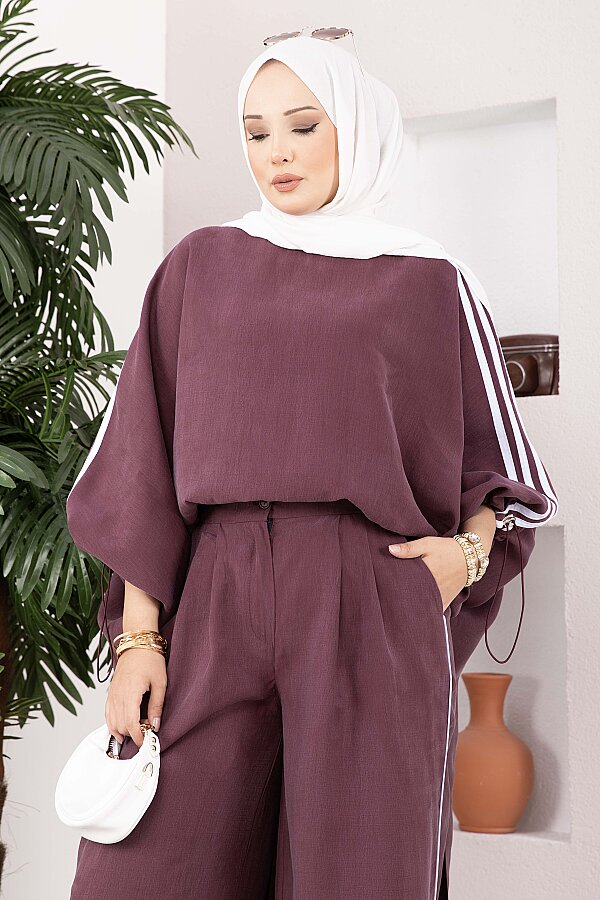 Şerit Detaylı Asimetrik Tunik Pantolon Takım Bordo (1)