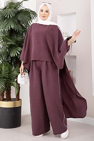 Şerit Detaylı Asimetrik Tunik Pantolon Takım Bordo - 4