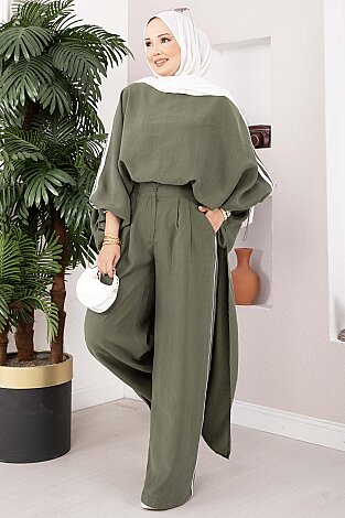 Şerit Detaylı Asimetrik Tunik Pantolon Takım Haki - 3
