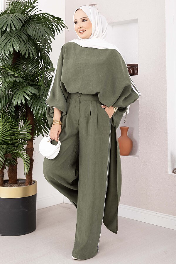 Şerit Detaylı Asimetrik Tunik Pantolon Takım Haki - 3