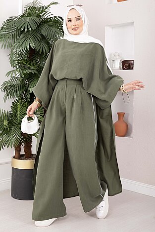 Şerit Detaylı Asimetrik Tunik Pantolon Takım Haki - 4