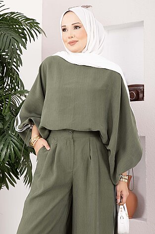 Şerit Detaylı Asimetrik Tunik Pantolon Takım Haki - 2