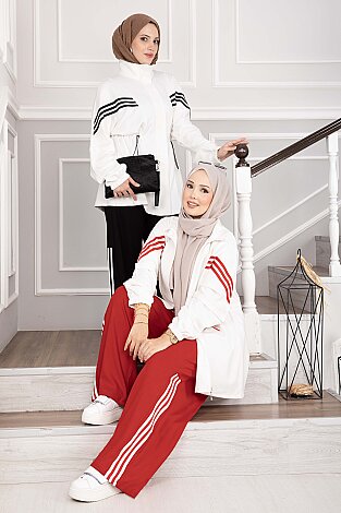 Şerit Detaylı Fermuarlı İkili Spor Takım Ekru