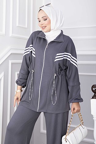 Şerit Detaylı Fermuarlı Oyşo Spor Takım Füme - 2