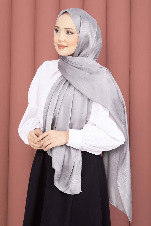 Ecn - Şerit Detaylı Jakar Şal Serisi Gri (1)