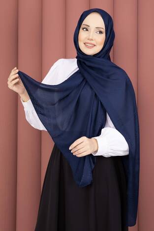 Şerit Detaylı Jakar Şal Serisi Lacivert
