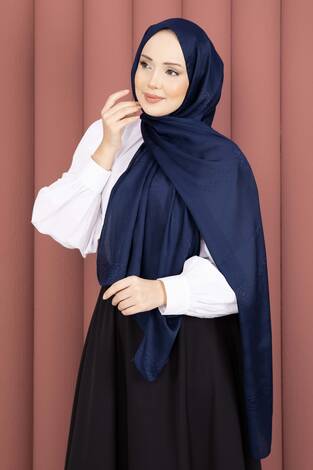 Şerit Detaylı Jakar Şal Serisi Lacivert - Thumbnail