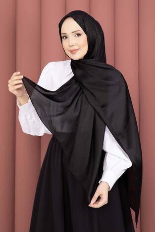 Şerit Detaylı Jakar Şal Serisi Siyah - Thumbnail