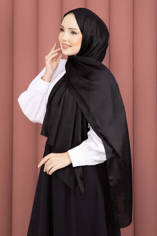 Şerit Detaylı Jakar Şal Serisi Siyah - Thumbnail