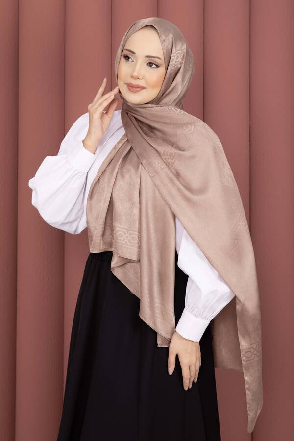 Ecn - Şerit Detaylı Jakar Şal Serisi Vizon (1)