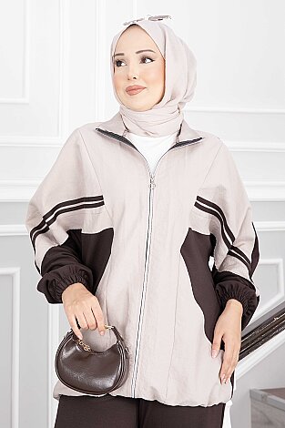 Şerit Garnili Fermuarlı İkili Oyşo Takım Kahve - 2