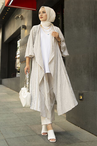 Şeritli keten kap tunik 341211-06 - Thumbnail