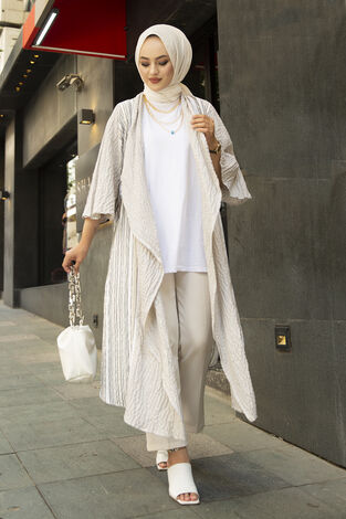 Şeritli keten kap tunik 341211-06 - Thumbnail