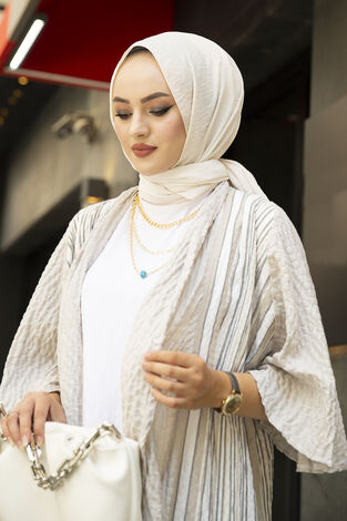 Şeritli keten kap tunik 341211-06 - Thumbnail