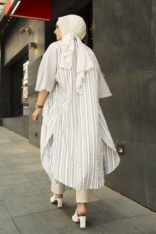 Şeritli keten kap tunik 341211-06 - Thumbnail