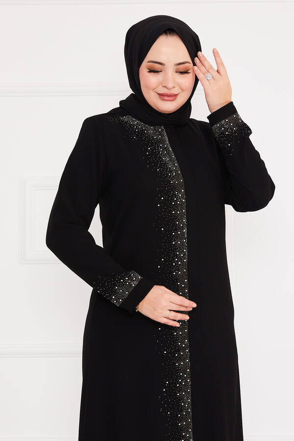 Oc - Serpme Taş Detaylı Tesettür Ferace Siyah (1)