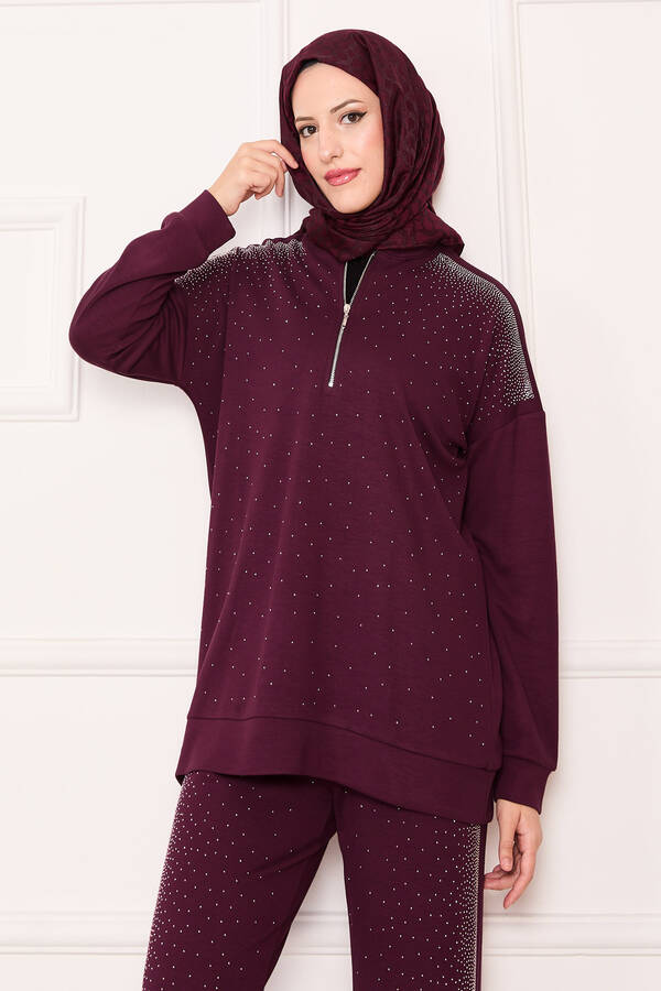 Ums - Serpme Taşlı Yarım Fermuarlı İkili Takım Bordo (1)
