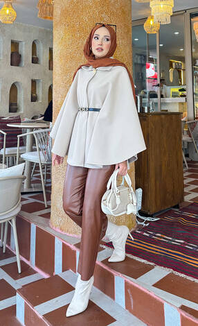 Seyyar Kemerli Düğme Detaylı Tesettür Kaşe Panço Bej - Thumbnail