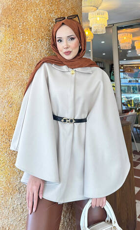 Seyyar Kemerli Düğme Detaylı Tesettür Kaşe Panço Bej - Thumbnail