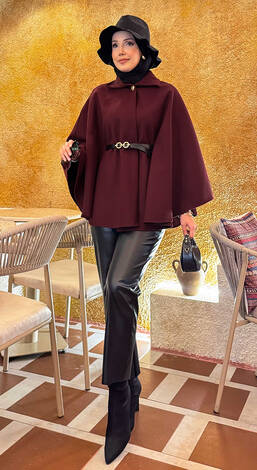 Seyyar Kemerli Düğme Detaylı Tesettür Kaşe Panço Bordo